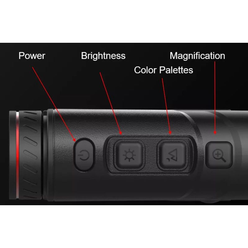 A clear diagram of the functional buttons of the Guide TD410 Black Thermal Monocular