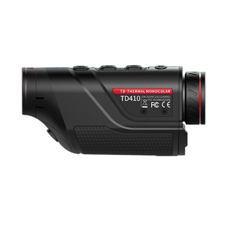 A side profile of the Guide TD410 Black Thermal Monocular with the model name