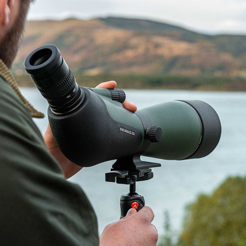 A close up of the Hawke Endurance ED 25-75x85 Green Spotting Scope