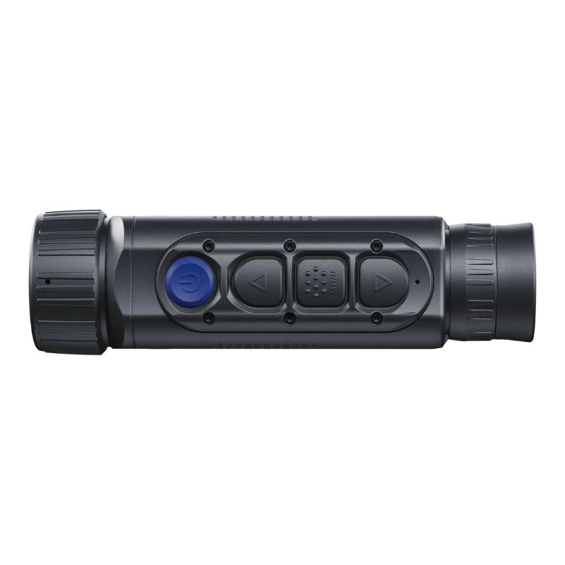 The black Pulsar Axion 2 XQ35 Thermal Monocular with a blue power button