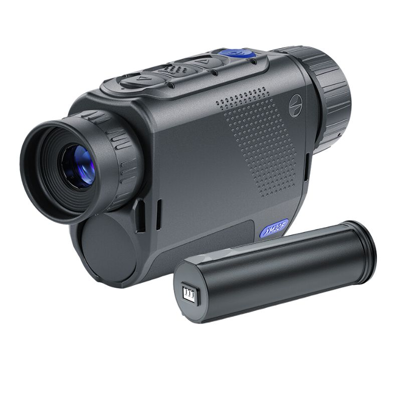 The Pulsar Axion XM30F Thermal Monocular in black with a removable battery pack