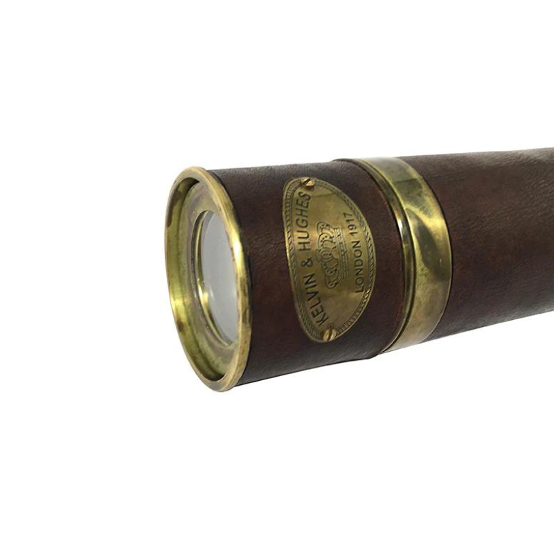 Telescope 650mm Leather Grip In Antique Brass close up view of lense