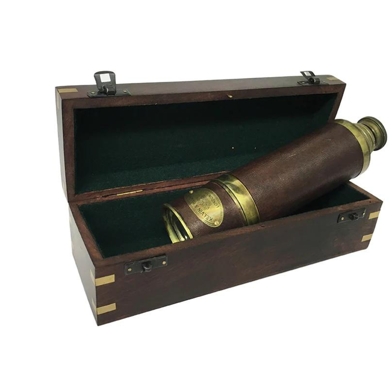 Telescope 650mm Leather Grip In Antique Brass close up view of spyglass telescope inside the mango wood case