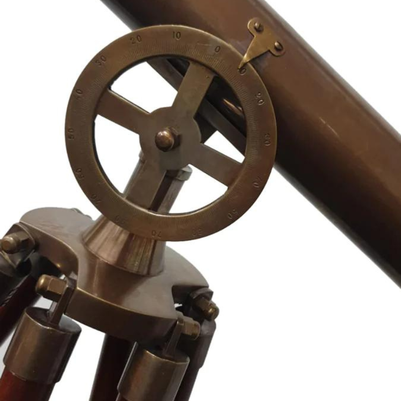 Telescope Double Barrel on Tripod Stand In Antique Brass eye piece close up view of mount and tripod