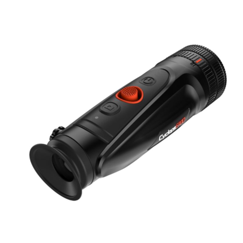 ThermTec Cyclops-D CP640D Thermal Monocular with a black body and red buttons and highlights