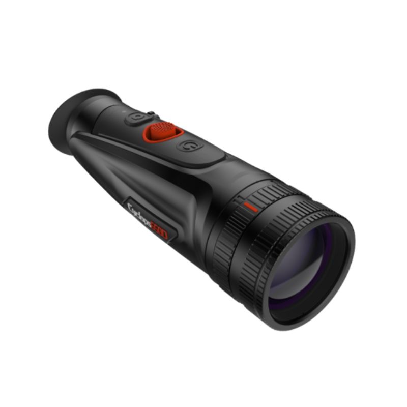 The black ThermTec Cyclops-D CP650D Thermal Monocular with a black body and red buttons and features