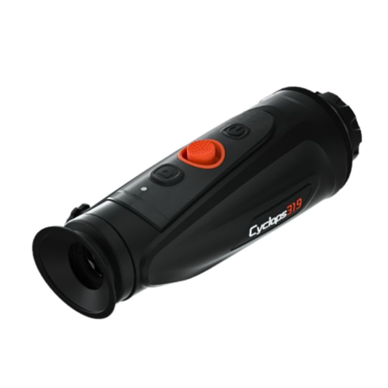 A top view of the ThermTec Cyclops CP319 Pro Thermal Monocular with a black body and red features