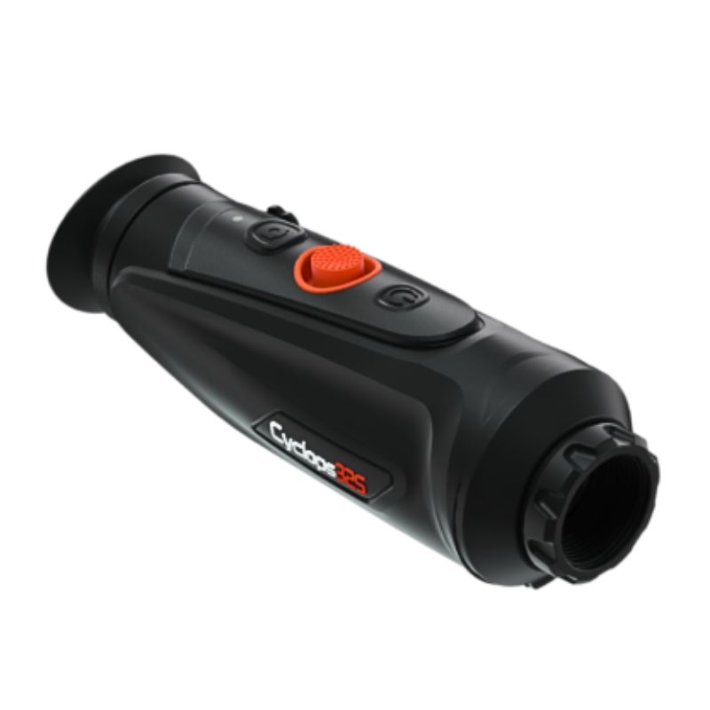 The compact ThermTec Cyclops CP325 Pro Thermal Monocular in black and red