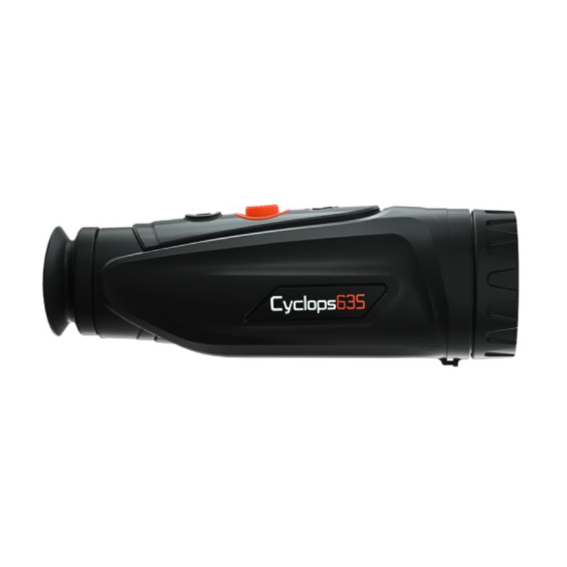 The ThermTec Cyclops CP635 Thermal Monocular with a black body and white and red features