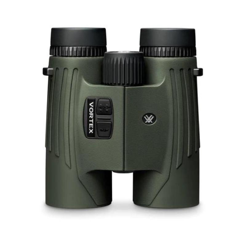 Vortex Fury HD 5000 10x42 Binoculars With Laser Range Finder front view showcasing the logo and features