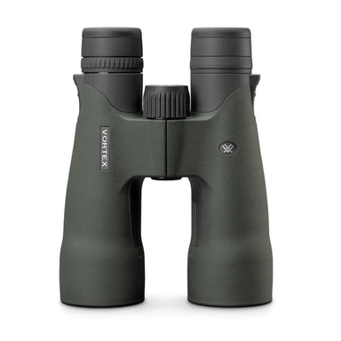 Vortex Razor UHD 12x50 Green Binoculars standing view with logo and eye piece